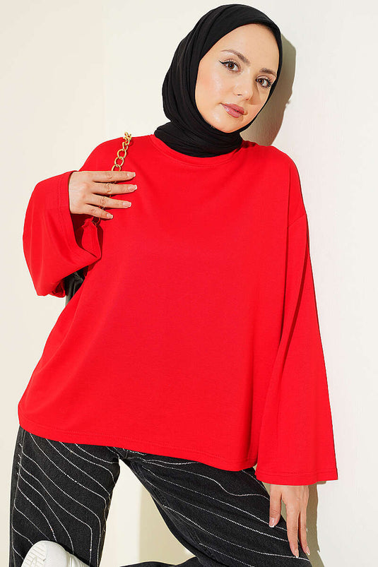 Loyşa Düşük Omuz Basic Tunik Kırmızı