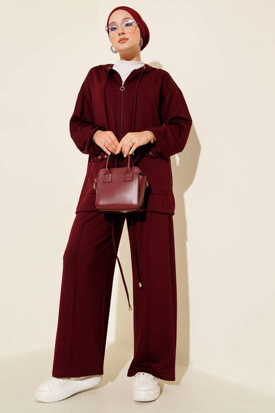 Loyşa Zippered Pocket Hooded Two Piece Suit Claret Red