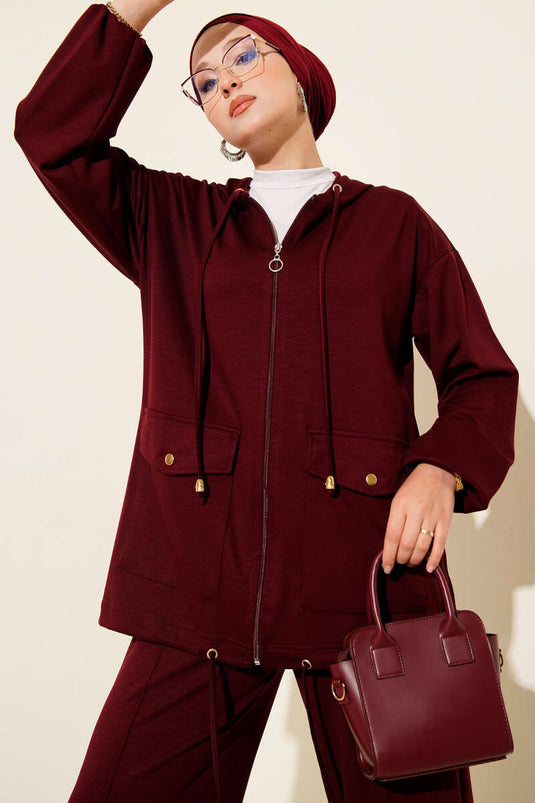 Loyşa Zippered Pocket Hooded Two Piece Suit Claret Red