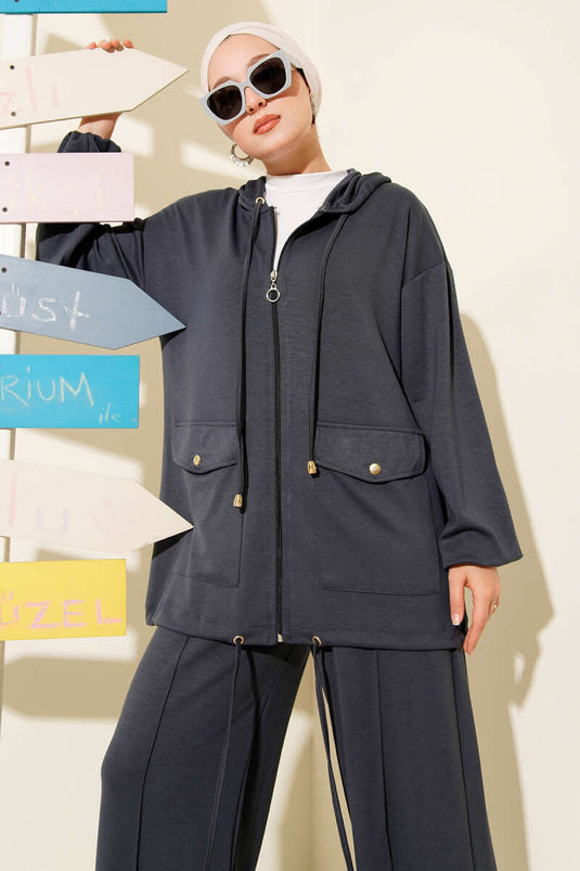 Loyşa Fermuarlı Cepli Kapüşonlu İkili Takım Füme