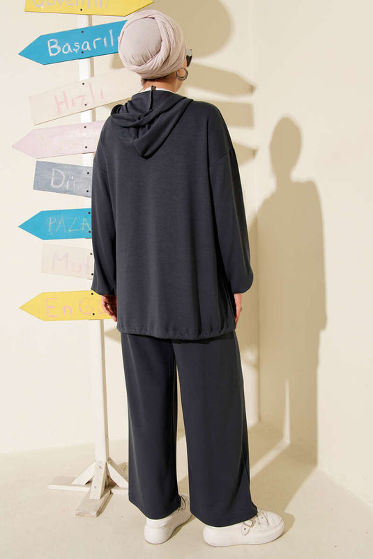 Loyşa Fermuarlı Cepli Kapüşonlu İkili Takım Füme