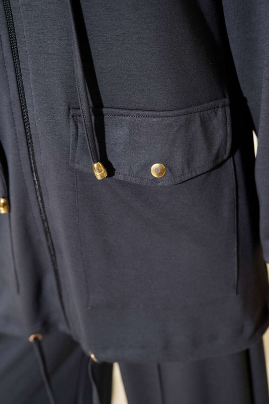 Loyşa Fermuarlı Cepli Kapüşonlu İkili Takım Füme