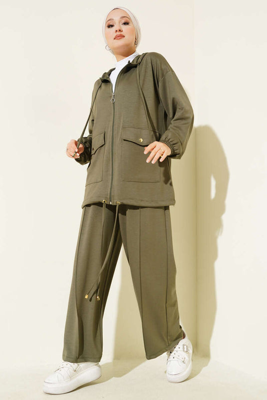 Loyşa Fermuarlı Cepli Kapüşonlu İkili Takım Haki