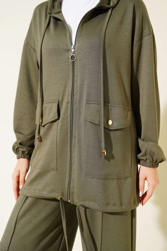 Loyşa Fermuarlı Cepli Kapüşonlu İkili Takım Haki