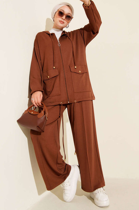 Costume deux pièces à capuche et poche zippée Loyşa, marron