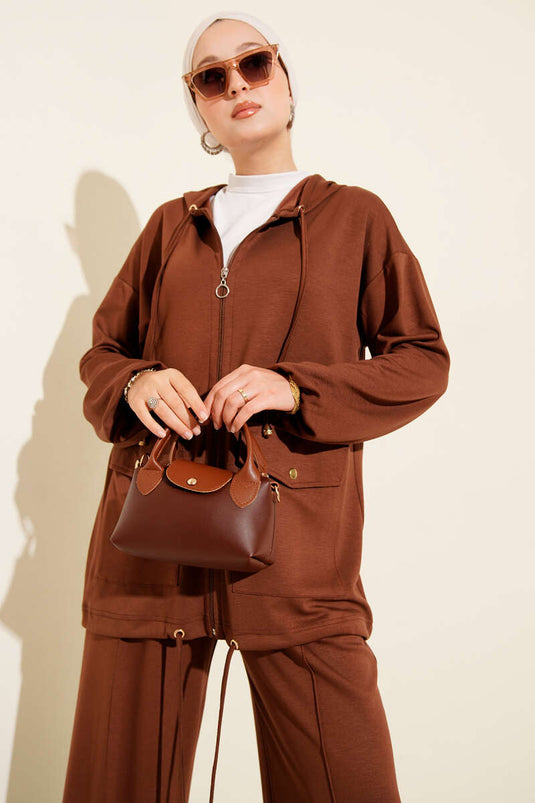Costume deux pièces à capuche et poche zippée Loyşa, marron
