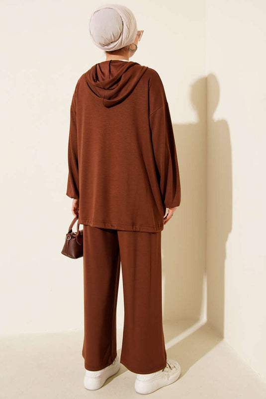 Costume deux pièces à capuche et poche zippée Loyşa, marron