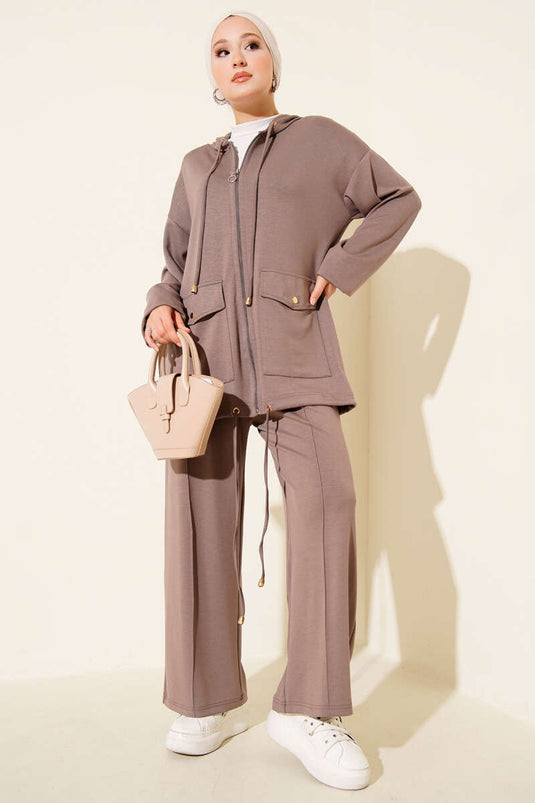 Loyşa Zippered Pocket Hooded Two Piece Set Mink