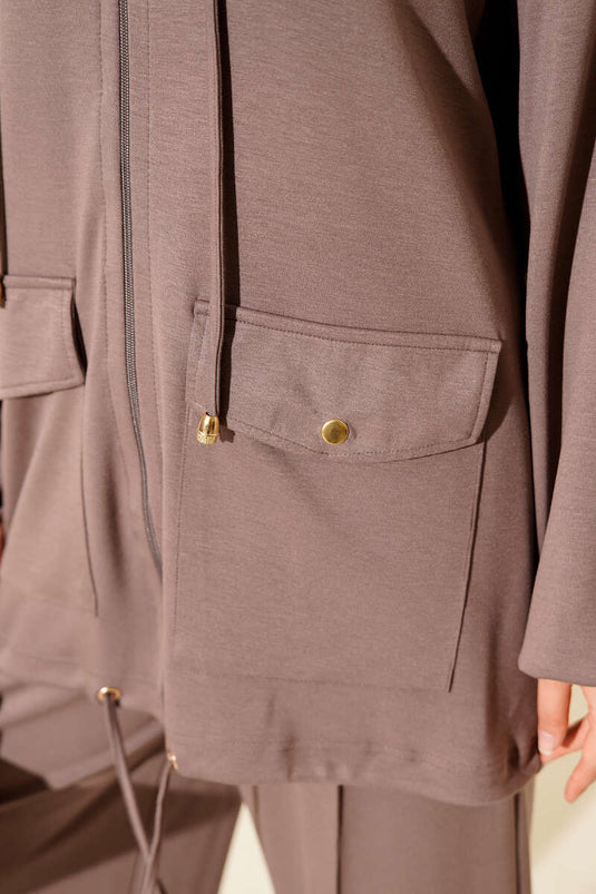 Loyşa Zippered Pocket Hooded Two Piece Set Mink