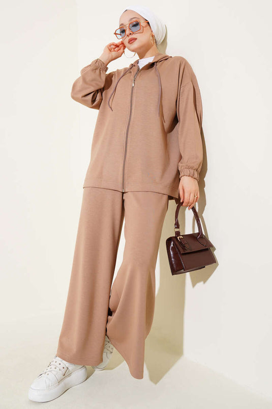 Loyşa Zippered Hooded Basic Two Piece Set Latte