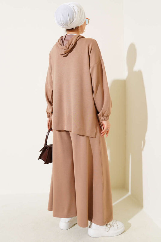 Loyşa Zippered Hooded Basic Two Piece Set Latte