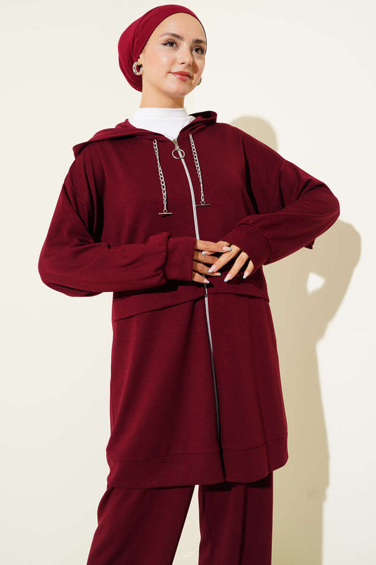 Costume deux pièces à capuche et fermeture éclair Loyşa rouge bordeaux