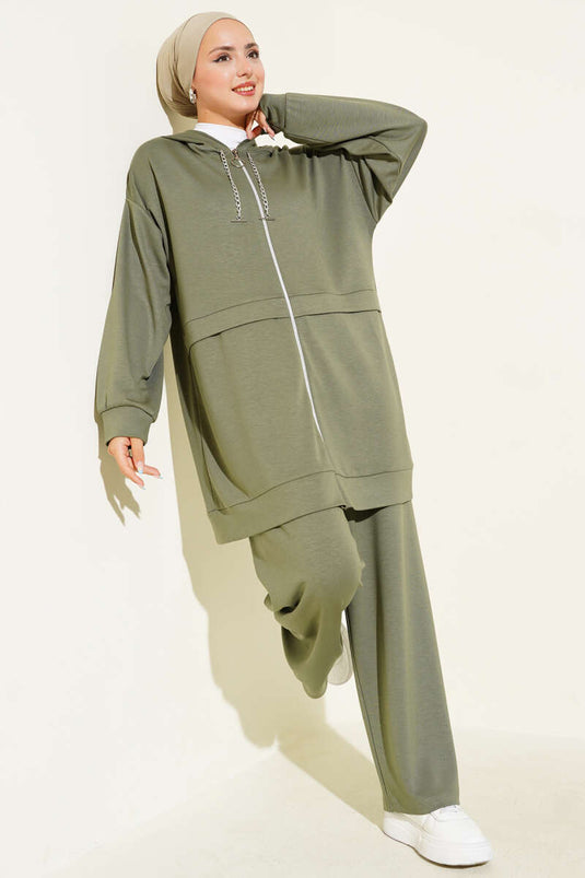 Loyşa Zippered Hooded Two-Piece Suit, Almond Green