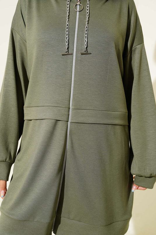 Loyşa Zippered Hooded Two-Piece Suit, Almond Green