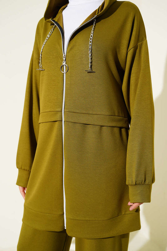 Loyşa tweedelig pak met rits en capuchon, oliegroen