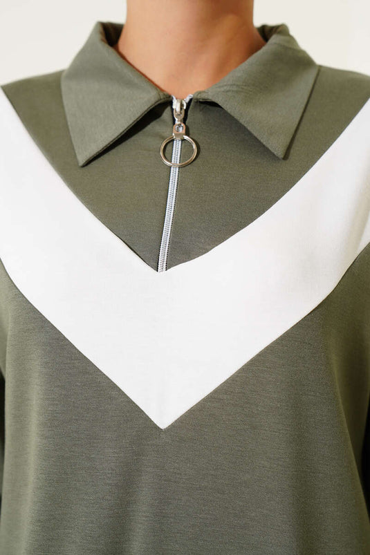 Loyşa tweedelig pak met rits en V-streep, amandelgroen