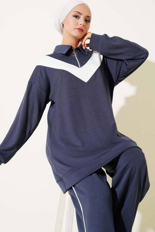 Loyşa Zippered V-Striped Two Piece Suit Smoke