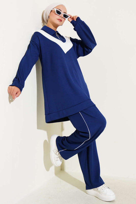 Loyşa Zippered V-Striped Two-Piece Suit Navy Blue