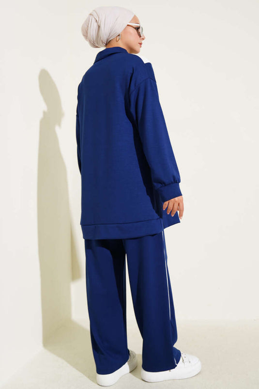 Loyşa Zippered V-Striped Two-Piece Suit Navy Blue