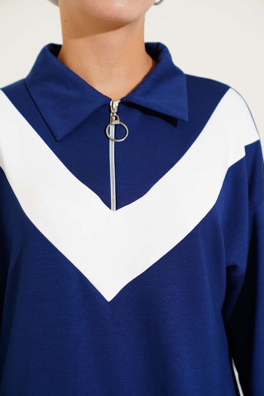 Loyşa Zippered V-Striped Two-Piece Suit Navy Blue