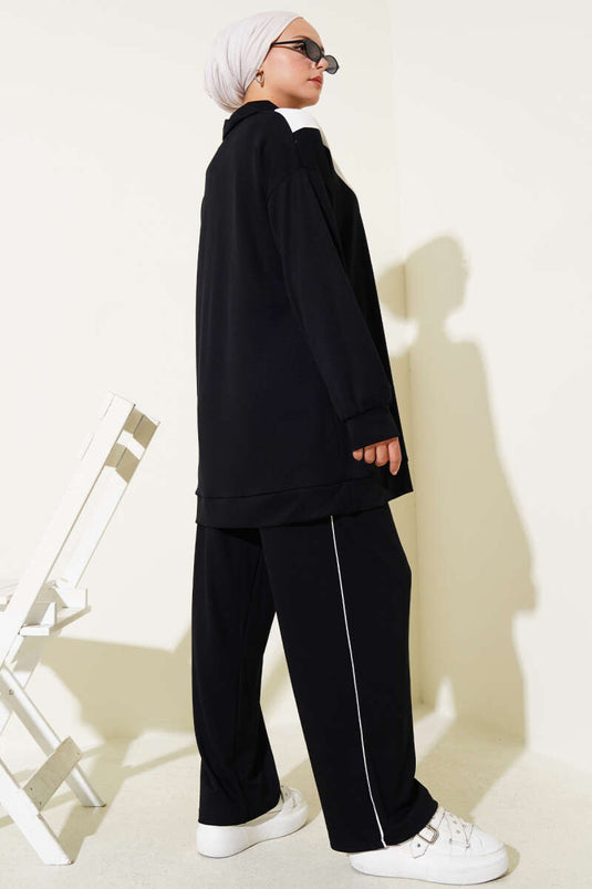 Loyşa Zweiteiliger Anzug mit Reißverschluss und V-Streifen Schwarz