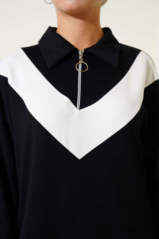 Loyşa Zweiteiliger Anzug mit Reißverschluss und V-Streifen Schwarz