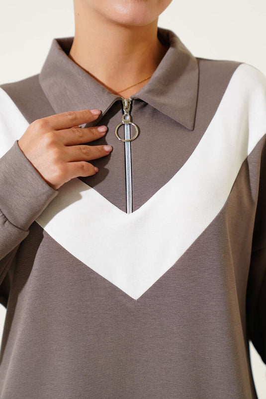 Costume deux pièces Loyşa à rayures en V et fermeture éclair, couleur vison