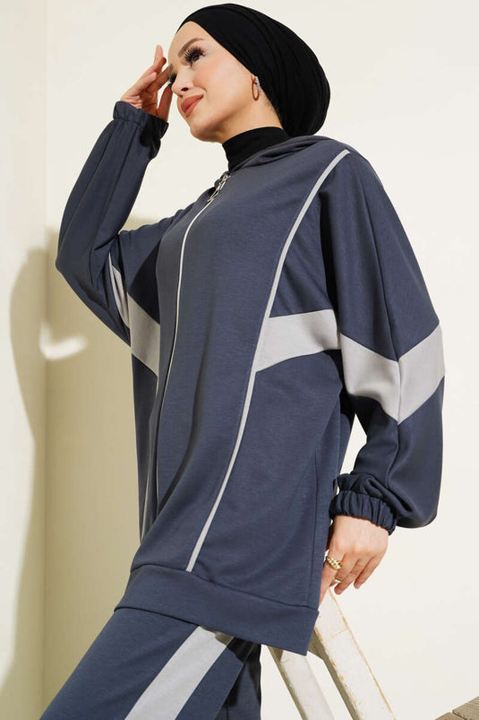 Loyşa Garnili Kapüşonlu İkili Takım Füme