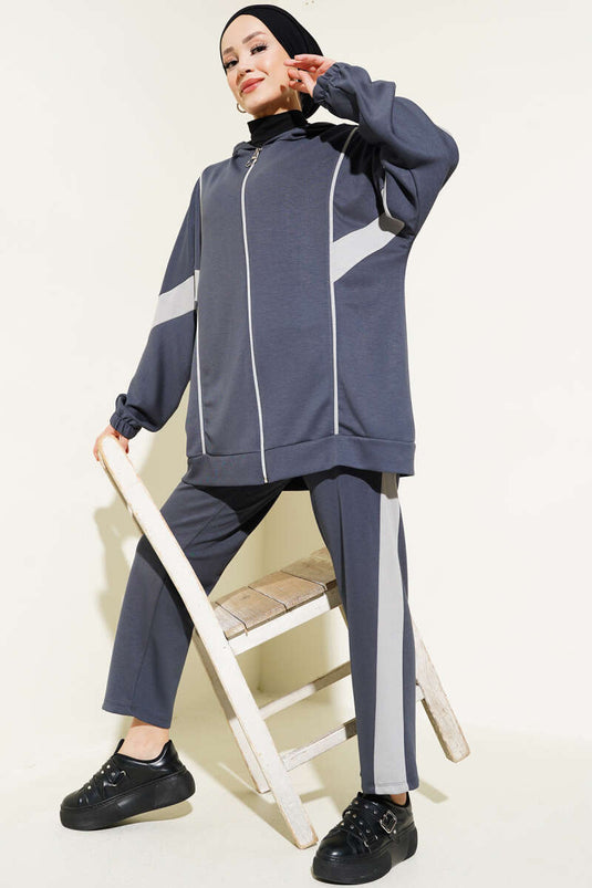 Loyşa Garnili Kapüşonlu İkili Takım Füme