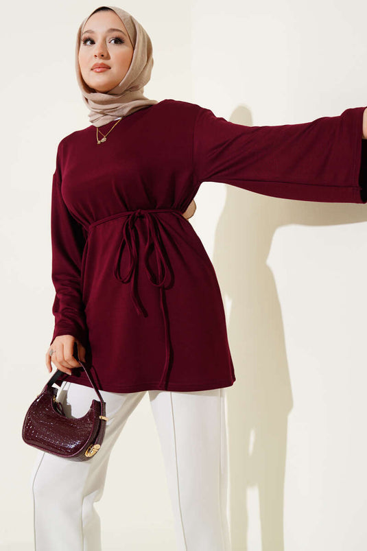 سترة لويزا واسعة الأكمام مع حزام برباط، لون عنابي