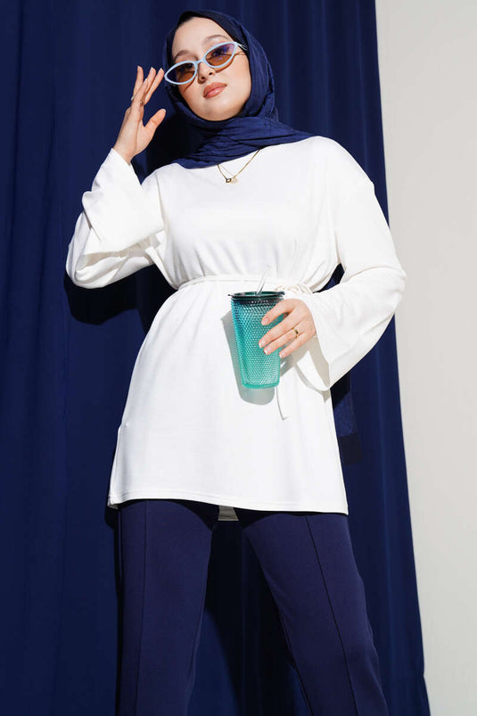 Loyşa Geniş Kollu İp Kuşaklı Tunik Ekru