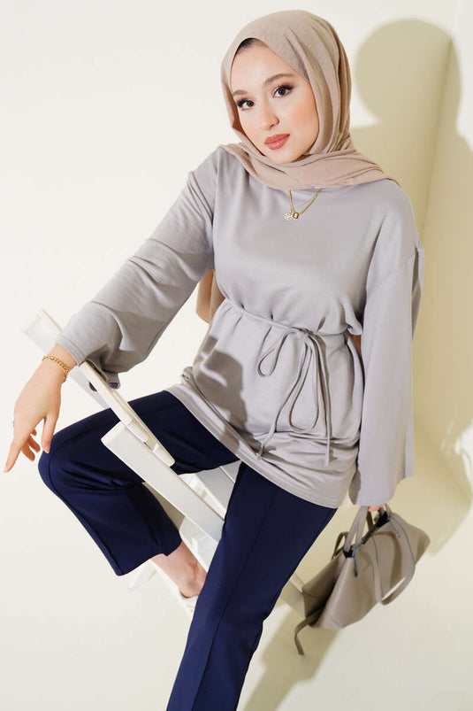 Loyşa Wide Sleeve Rope Belted Tunic Gray
