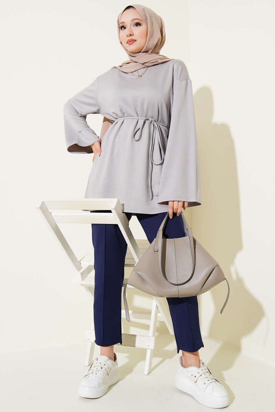 Loyşa Wide Sleeve Rope Belted Tunic Gray