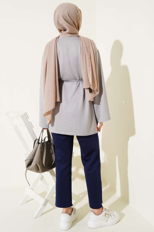 Loyşa Wide Sleeve Rope Belted Tunic Gray