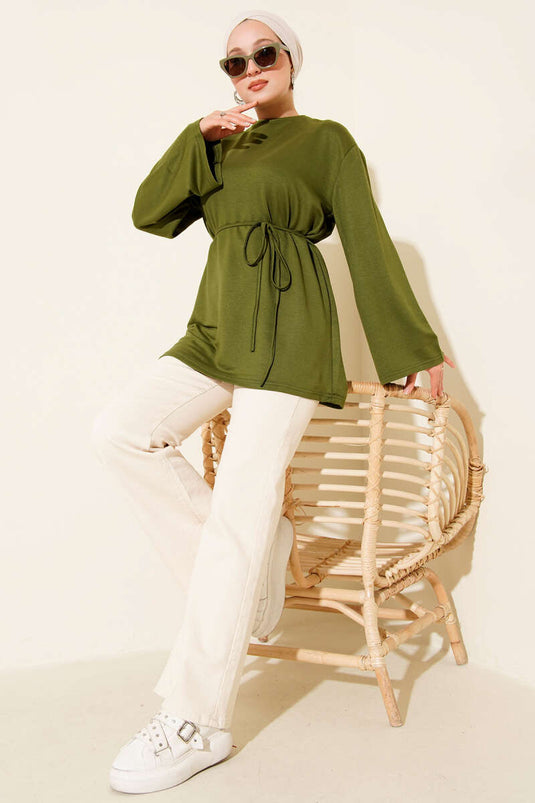 Loyşa Geniş Kollu İp Kuşaklı Tunik Haki