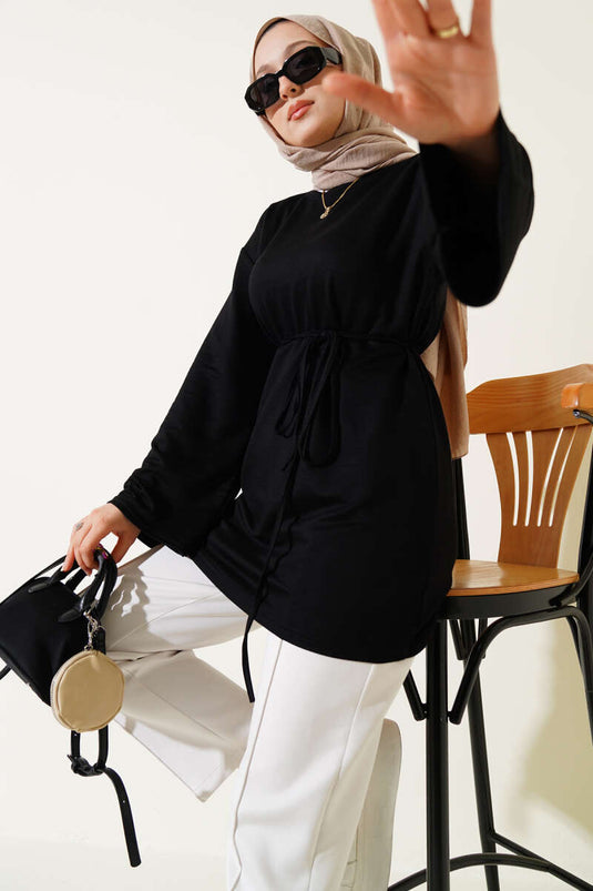 Loyşa Wide Sleeved Rope Belted Tunic Black