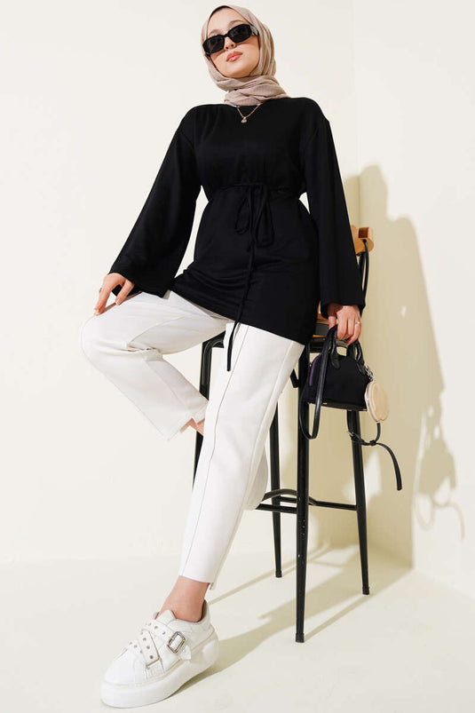 Loyşa Wide Sleeved Rope Belted Tunic Black