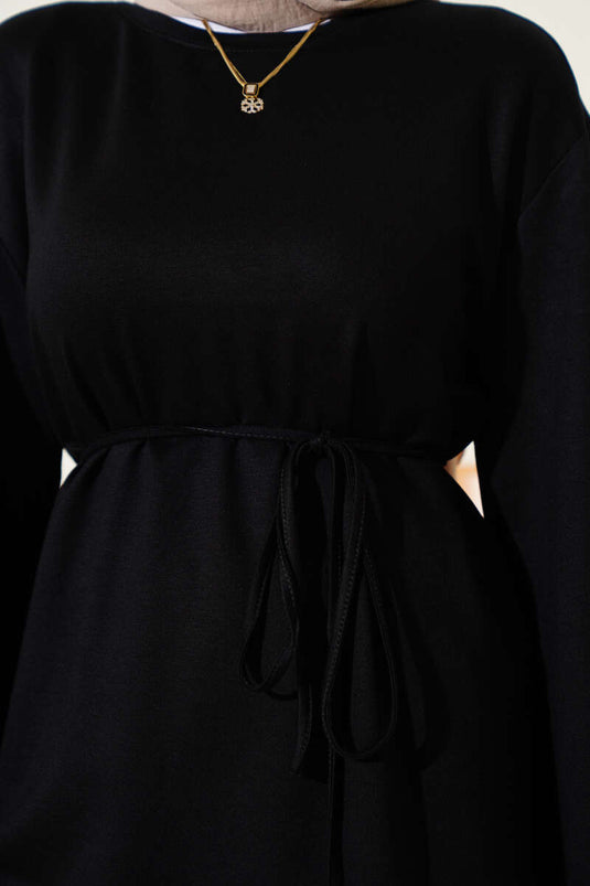 Loyşa Wide Sleeved Rope Belted Tunic Black