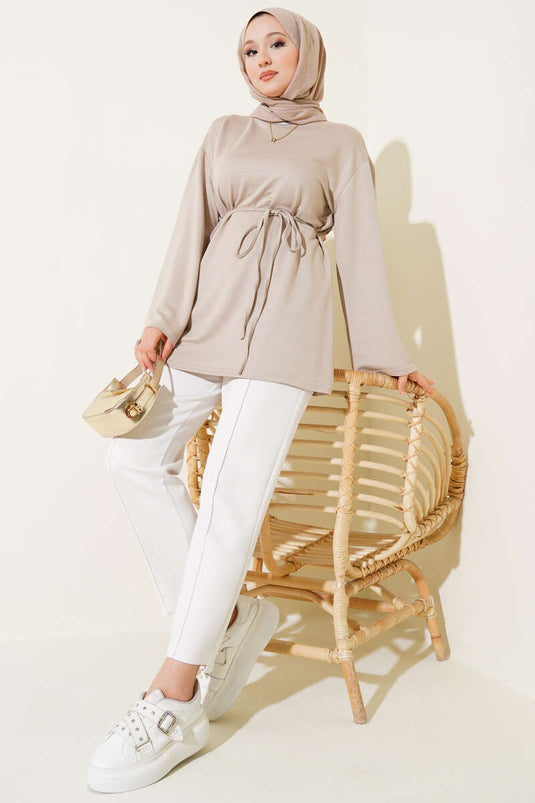 Loysha Wide Sleeve Rope Belted Tunic Stone