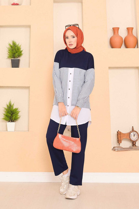 Loysha Shirt Garnished Hijab Two Piece Suit Navy Blue