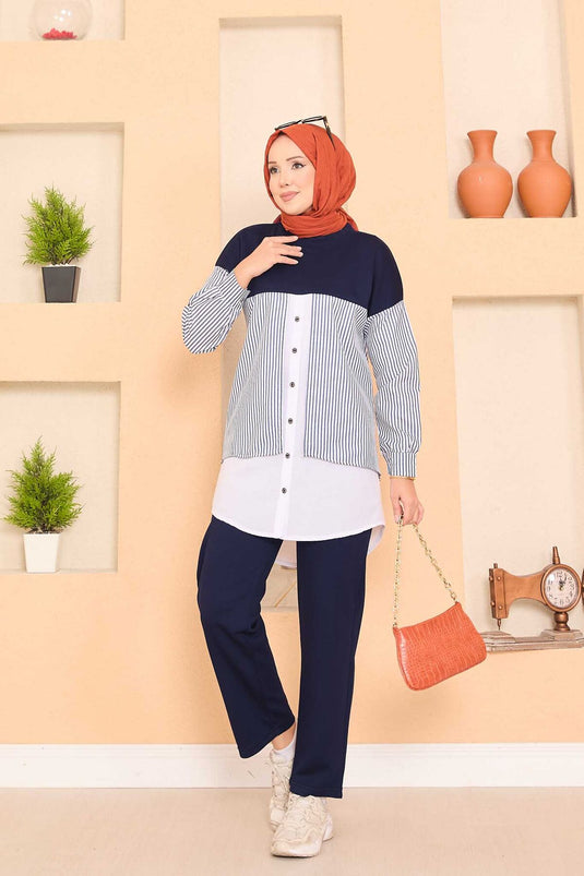 Loysha Shirt Garnished Hijab Two Piece Suit Navy Blue