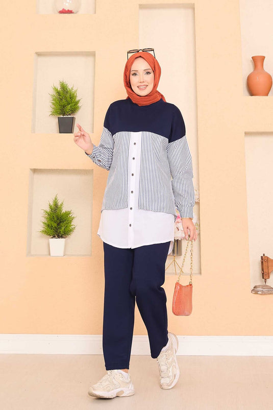 Loysha Shirt Garnished Hijab Two Piece Suit Navy Blue