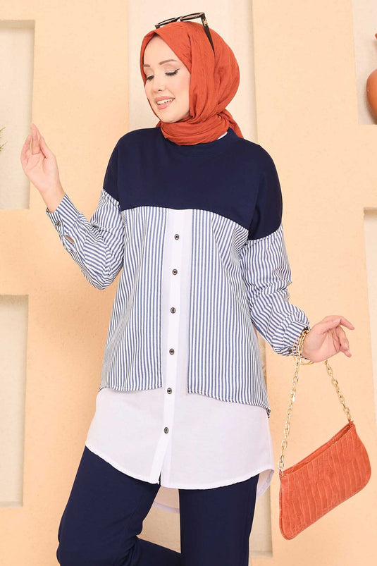 Loysha Shirt Garnished Hijab Two Piece Suit Navy Blue