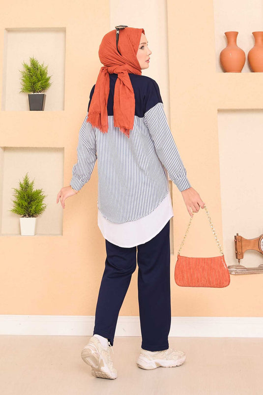 Loysha Shirt Garnished Hijab Two Piece Suit Navy Blue