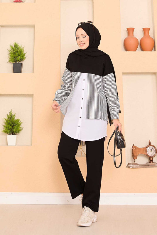 Ensemble deux pièces Loysha noir avec hijab et chemise garnie