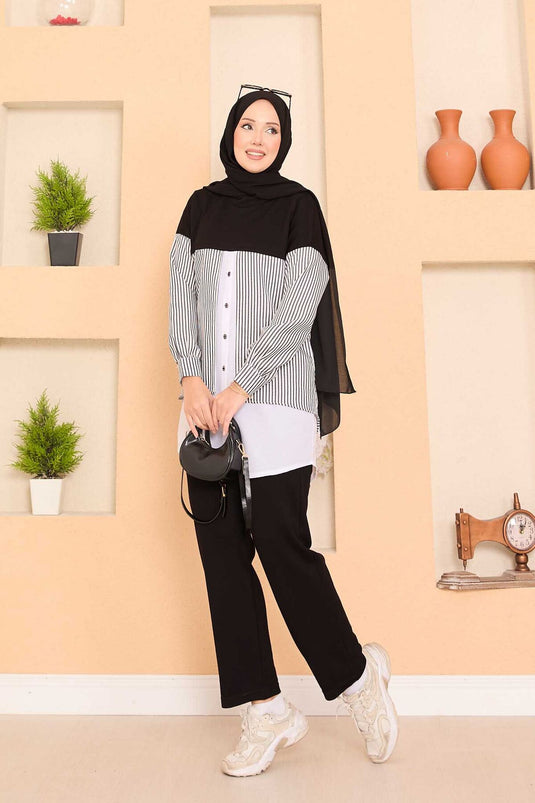 Loysha Shirt Garnished Hijab Two Piece Suit Black