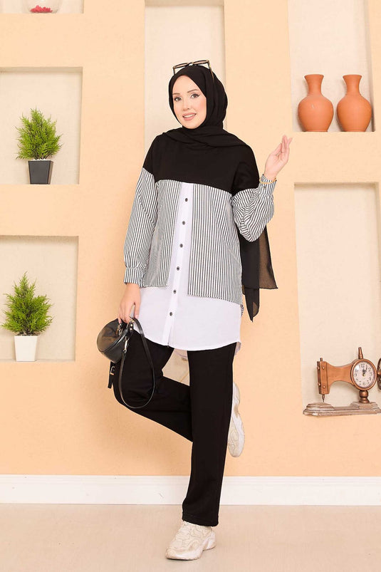 Loysha Shirt Garnished Hijab Two Piece Suit Black