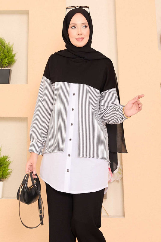 Ensemble deux pièces Loysha noir avec hijab et chemise garnie