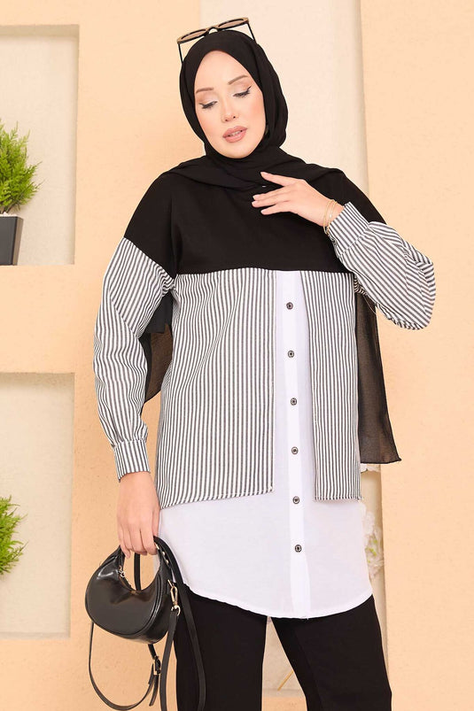 Loysha Shirt Garnished Hijab Two Piece Suit Black