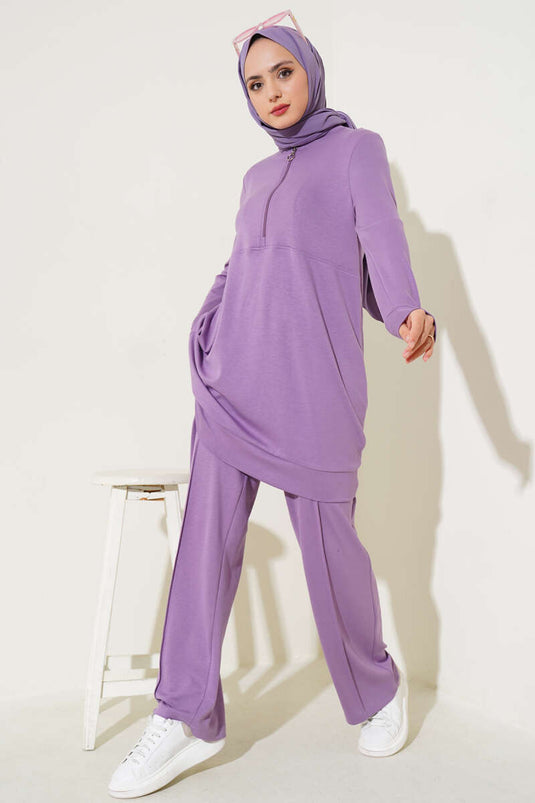 Costume croisé Loyşa à col montant et fermeture éclair, lilas